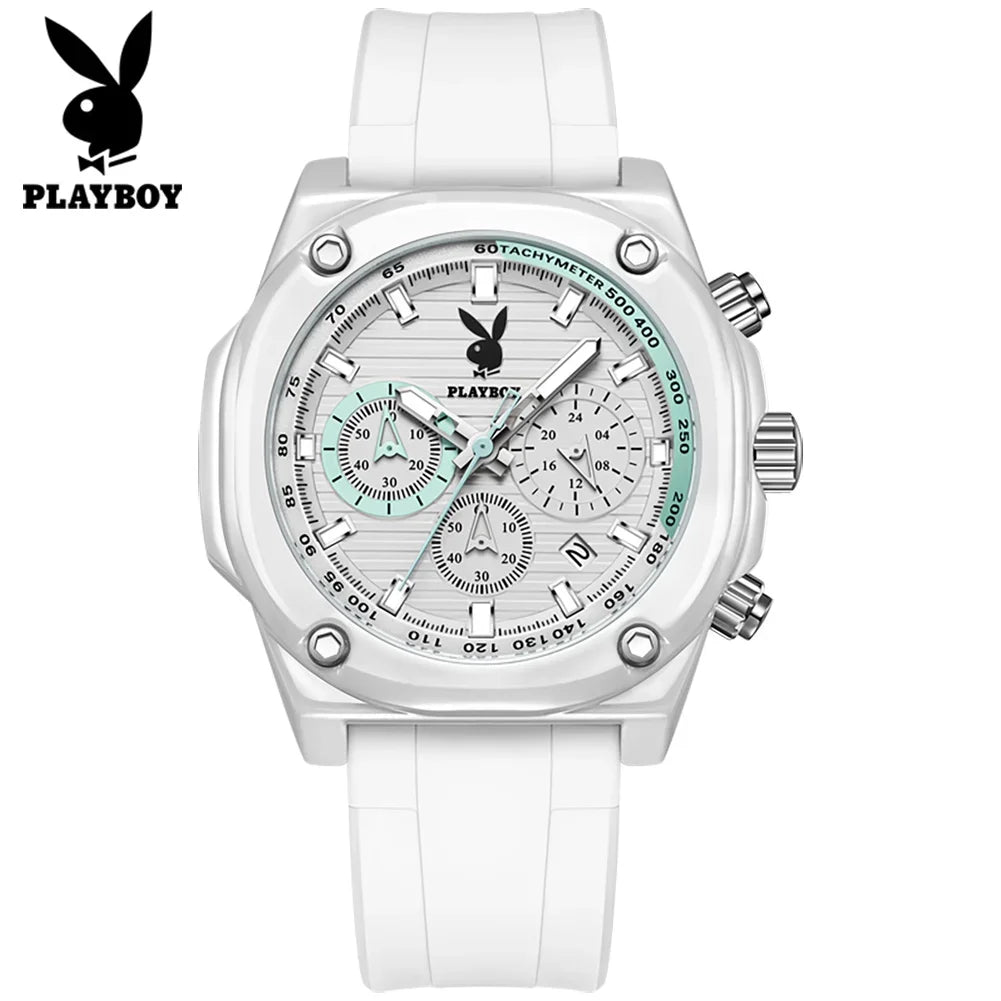 PLAYBOY Top Brand Original Luxury Waterproof Silicone Strap Calendar Luminous Fashion Quartz Men's Wrist Watches