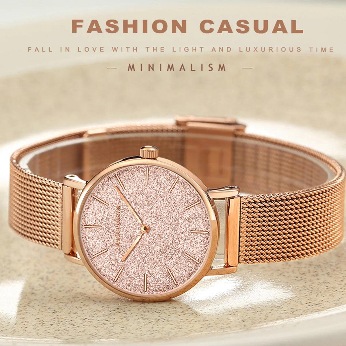 Elegant Sahara Desert Dial Design Top Brand Luxury Quartz Stainless Steel Rose Gold Colour Waterproof Ladies Watches