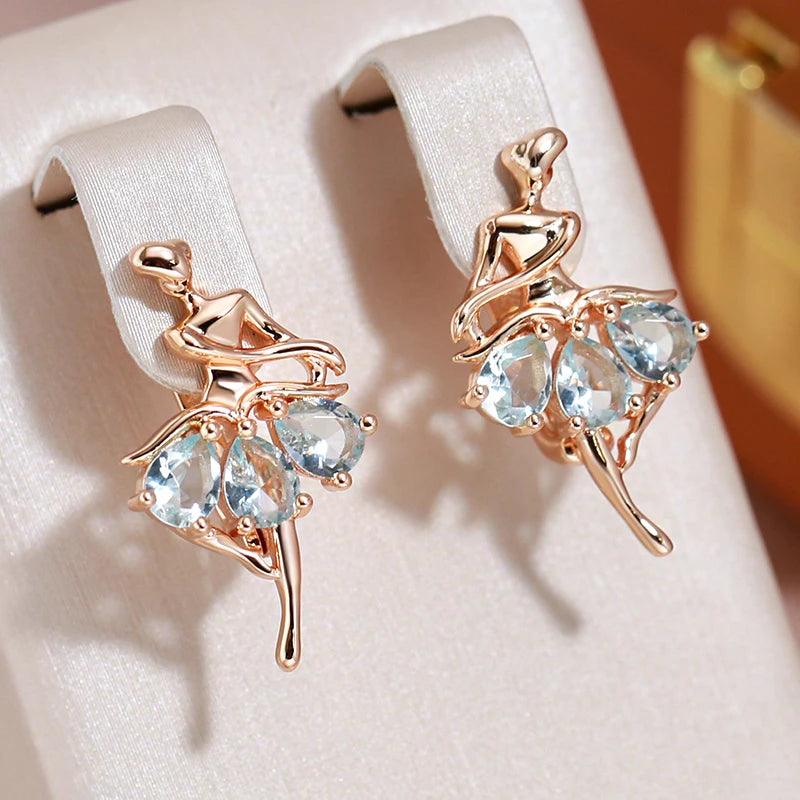 Latest Fashion Elegant Trendy Jewellery 14K Rose Gold Filled Oval Blue AAA Zircon Diamonds Dancing Women Earrings