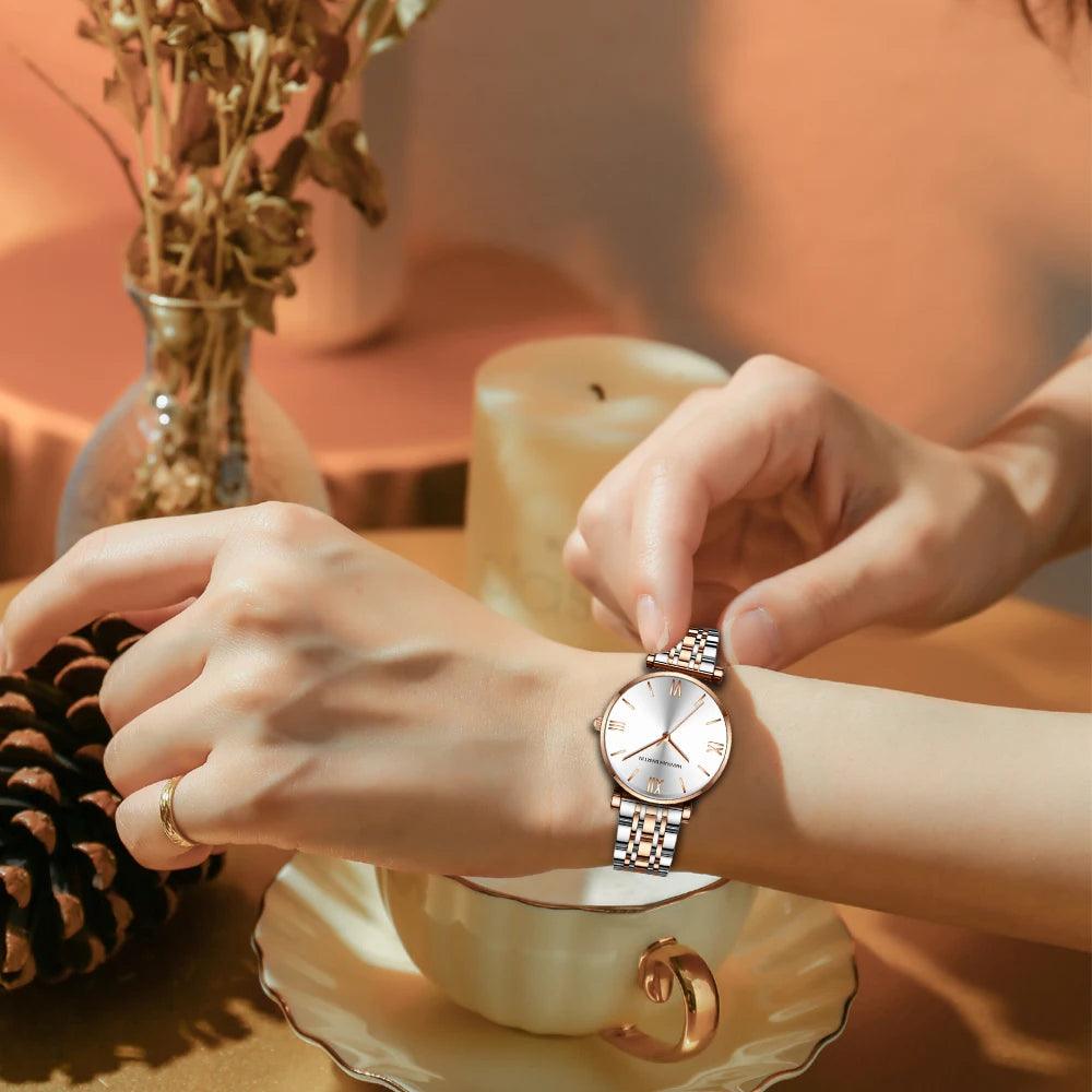 Elegant Fashion Green Malachite Dial Casual Ladies Watches - Stainless Steel Strap Waterproof Quartz Wristwatches