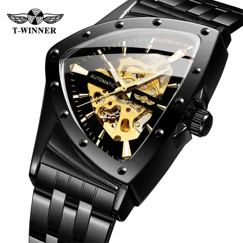 Golden Stainless Steel Waterproof Sport Transparent Triangle Skeleton Mechanical New Mens Wristwatches