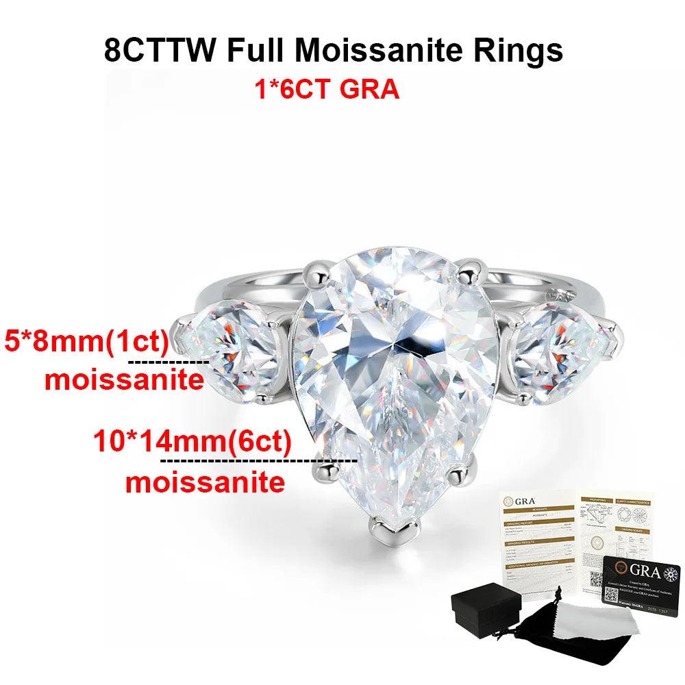 Waterdrop Shape 3 Stones 8 Carat Pear Cut Silver Moissanite Rings, 18K Gold Plated Engagement Wedding Jewellery