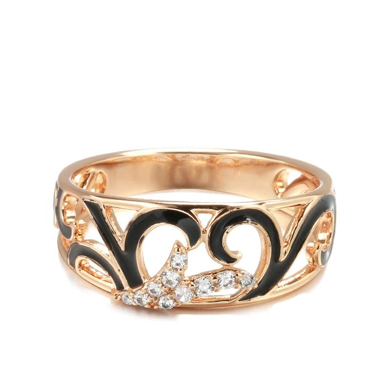 Unusual Black Enamel 14K Rolled Rose Gold AAA Zircon Diamonds Creative Ethnic Ring for Women Wedding Jewellery