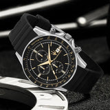 Amazing Gold Maserati Men's Watch Sports Leisure Luxury Europe and America Large Dial Black Silicone StrWatch.