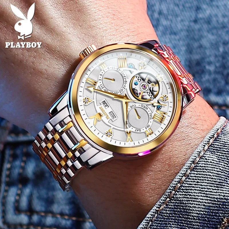 PLAYBOY Luxury Top Brand Fashion Automatic Mechanical Stainless Steel Waterproof Business Men's Watches for Men