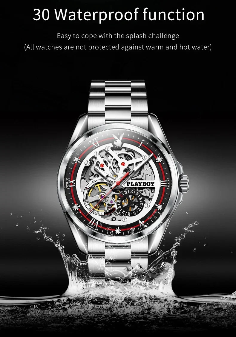 PLAYBOY Brand Skeleton Multifunction Automatic Mechanical Original Stainless Steel Fashion Luxury Watches for Men