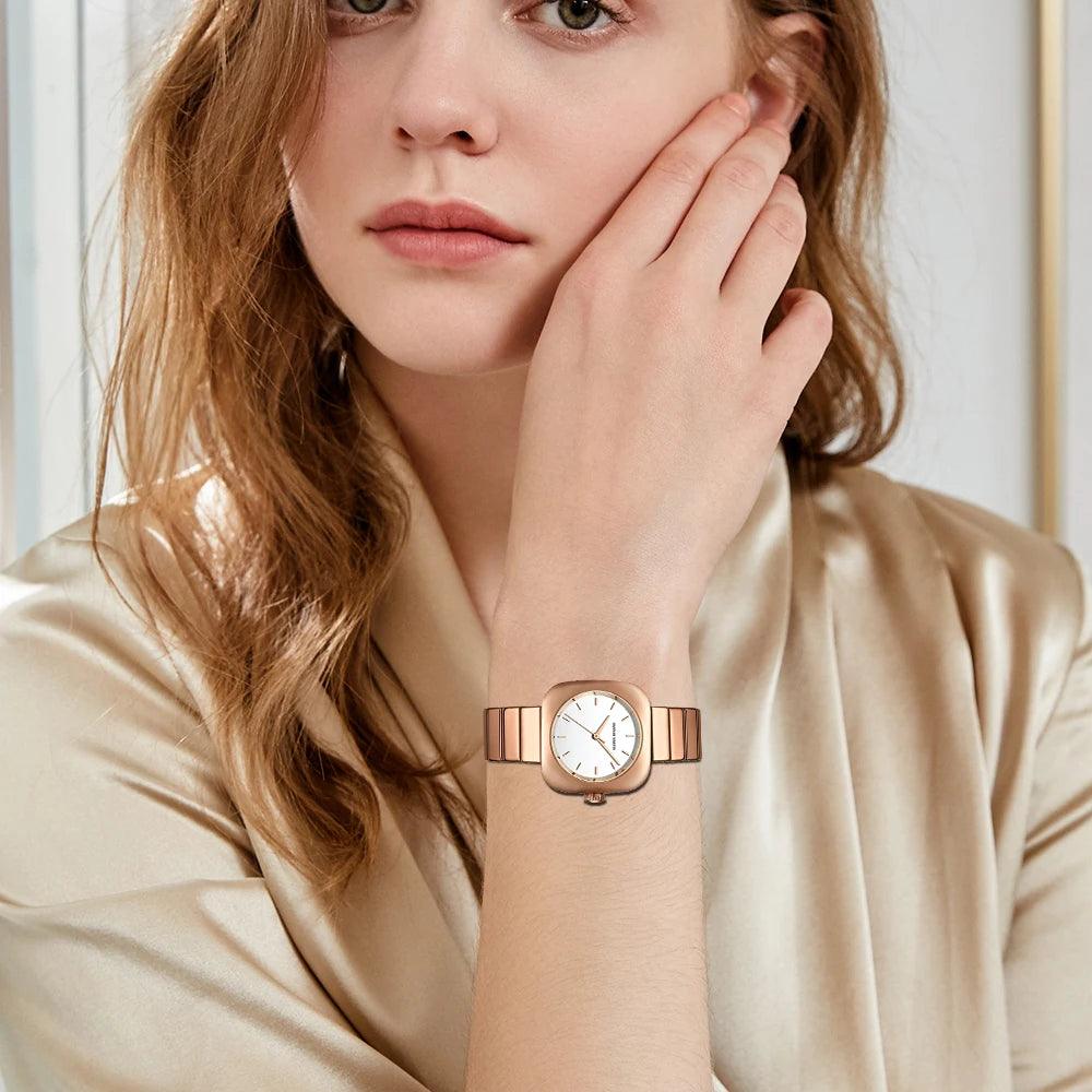 Elegant Minimalist Rose Gold Plated Elliptic Women's Watches,  Square Japanese Movement Casual Fashion Wristwatches