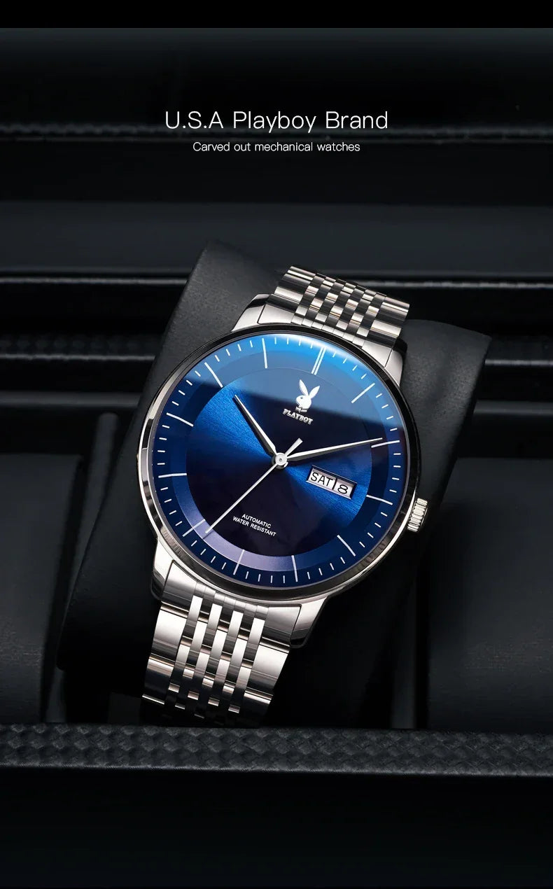 PLAYBOY Casual Simple Automatic Mechanical Men's Watches Original Waterproof Calendar High Quality Watch for Men
