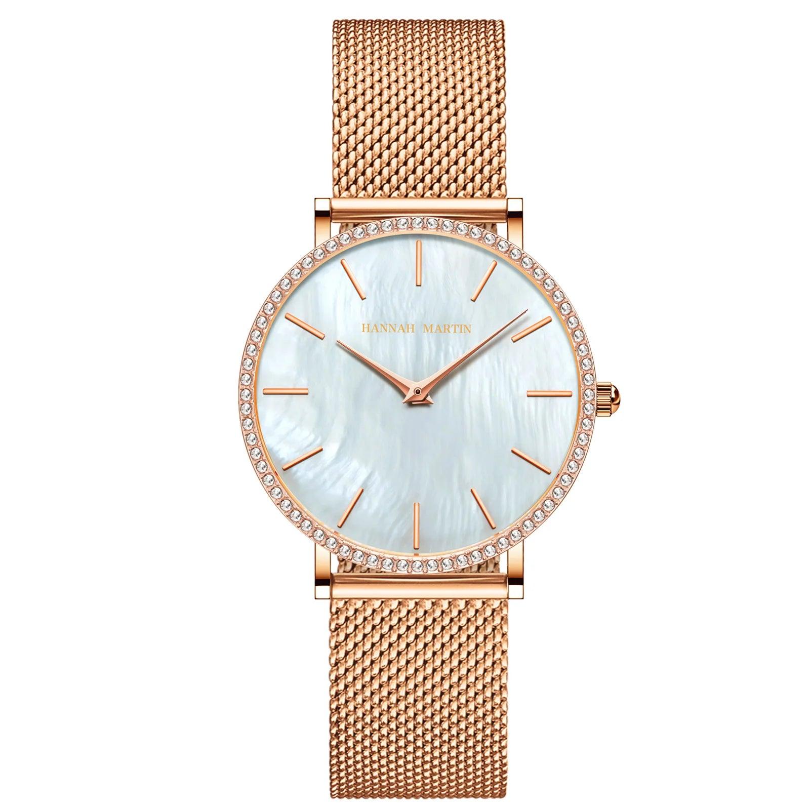 Elegant Luxury Women Watch Quartz Movement Shell Dial Rhinestone Stainless Steel Fashion Waterproof Wristwatches
