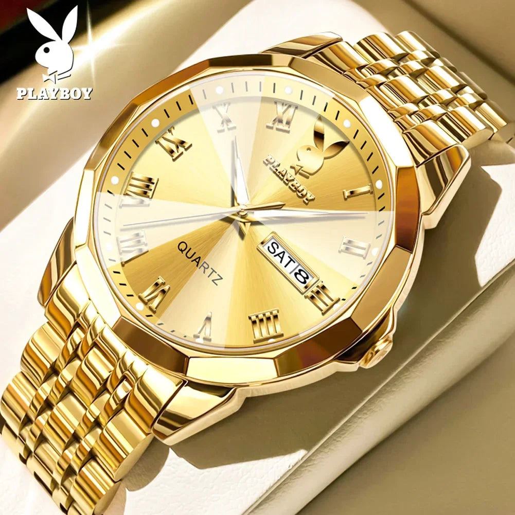 PLAYBOY Fashion Luxury High Quality Original Stainless Steel Waterproof Dual Calendar Luminous Quartz Men Watch