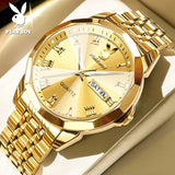 PLAYBOY Fashion Luxury High Quality Original Stainless Steel Waterproof Dual Calendar Luminous Quartz Men Watch