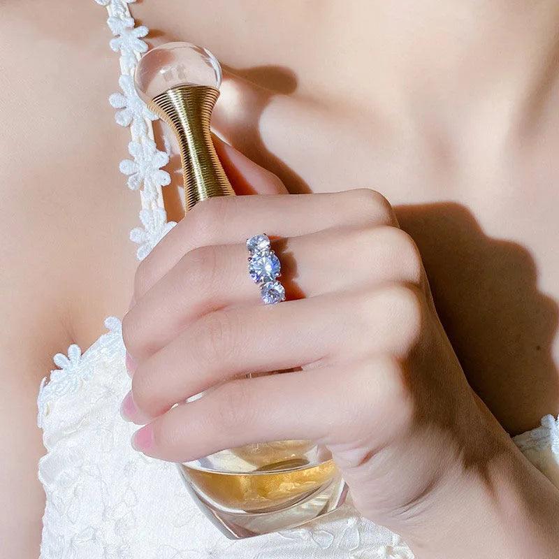 Real Round 3 Stone D Colour 2-4ctw Moissanite Diamonds Rings Wedding Engagement Promise Silver Certified Jewellery