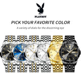 PLAYBOY Fashion Luxury High Quality Original Stainless Steel Waterproof Dual Calendar Luminous Quartz Men Watch