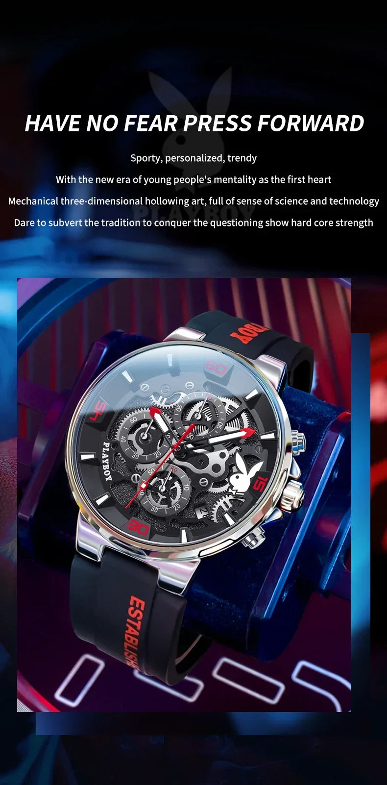 PLAYBOY Casual Quartz Luxury Sports Luminous Waterproof Fashion High-end Silicone Strap Men's Wristwatch