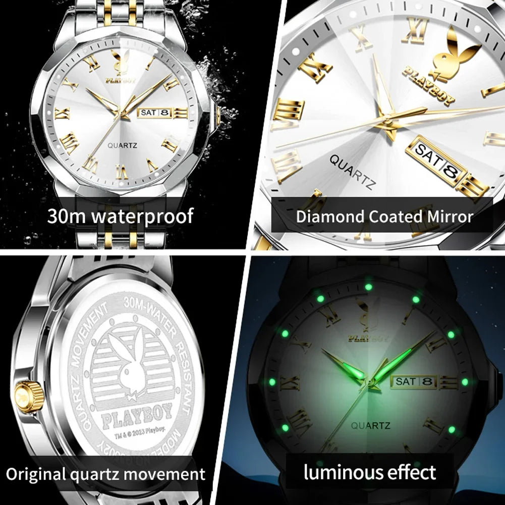 PLAYBOY Fashion Luxury High Quality Original Stainless Steel Waterproof Dual Calendar Luminous Quartz Men Watch