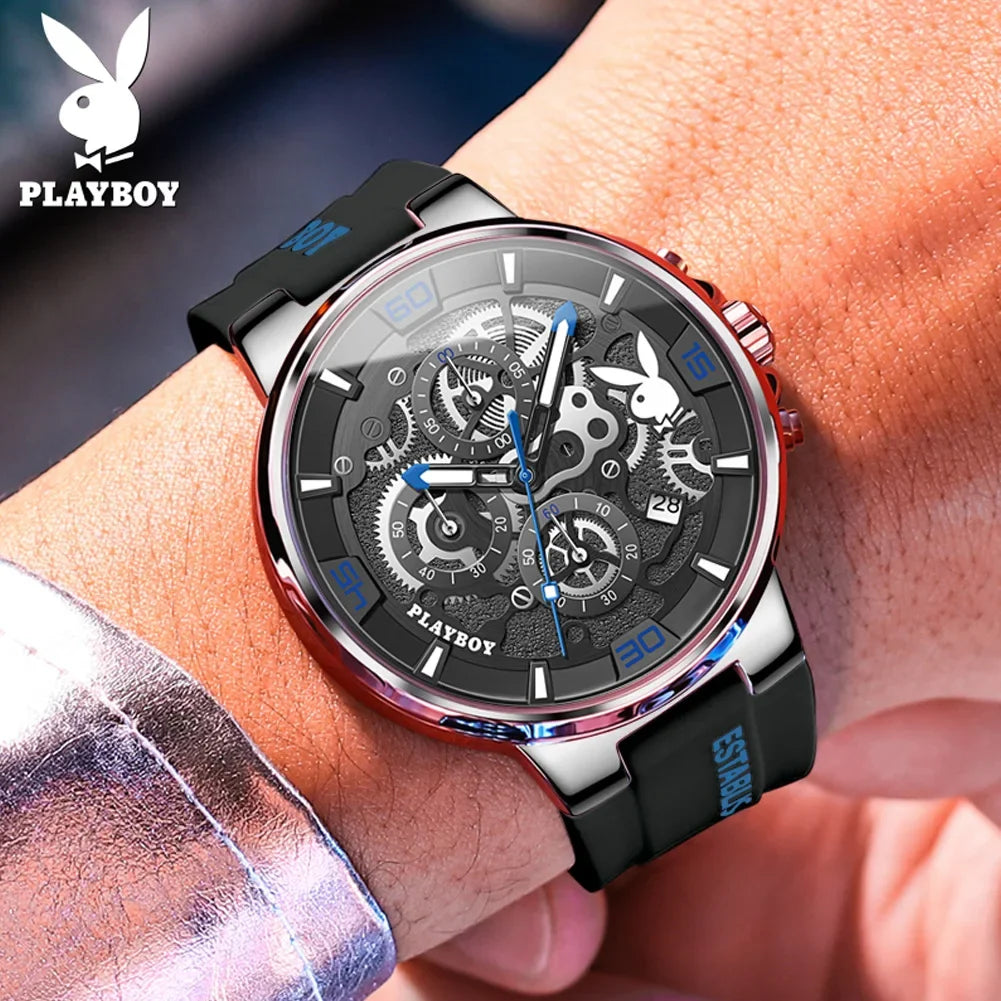 PLAYBOY Fashion Top Brand Luxury Silicone Sport Watch Quartz Date Waterproof Wristwatch Chronograph Mens Watches