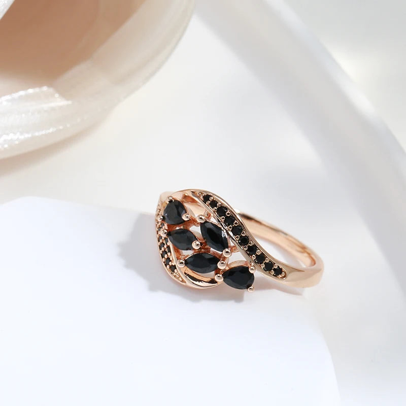 New Season Rolled 14K Rose Gold Women's Ring With Water Drop AAA Black Zircon Crystals Elegant Luxury Jewellery