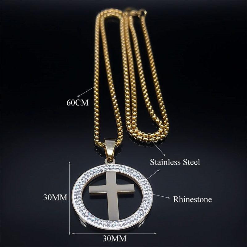 Cross AAA CZ Crystals Stainless Steel Round Pendant Necklace - Gold Colour Christian Chain Necklaces Jewellery - The Jewellery Supermarket