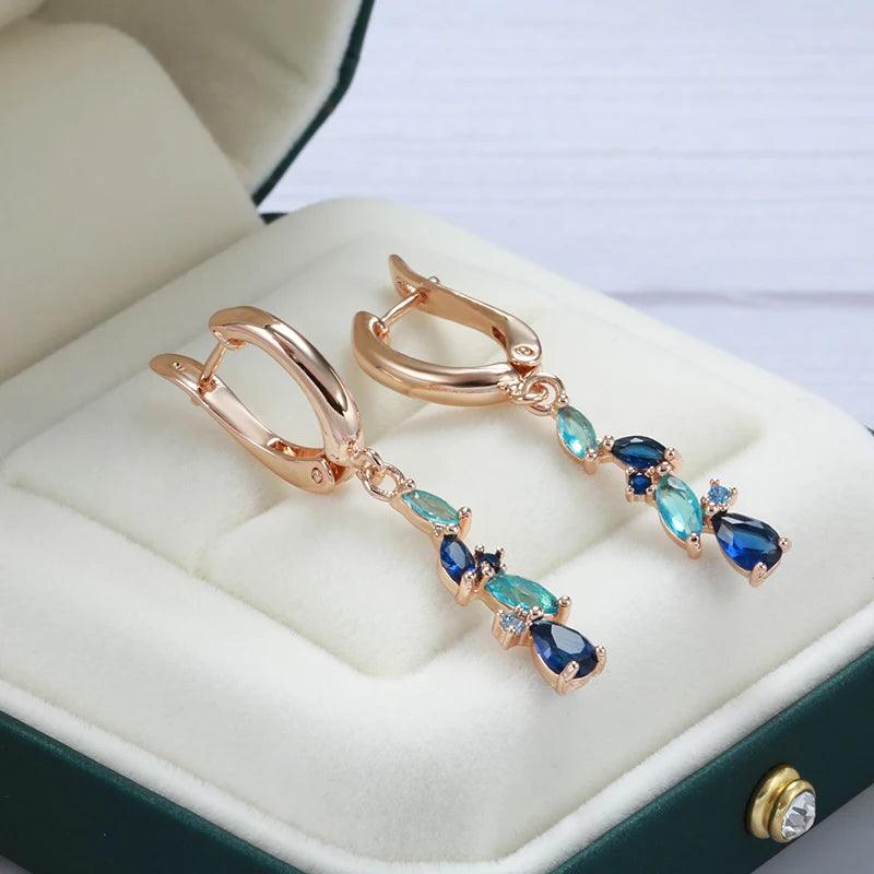 New Fashion 14K Rolled Rose Gold Luxury Blue AAA Zircon Crystals Leaf Long Dangle Earrings - Fine  Jewellery