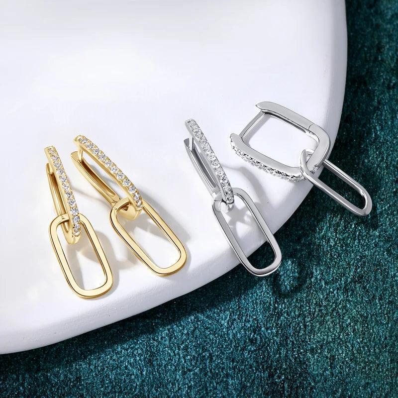 Trendy 14KGP Moissanite Diamonds 0.3CT D Color Paperclip Link Silver Huggie Hoop Earrings Fine Jewellery - The Jewellery Supermarket