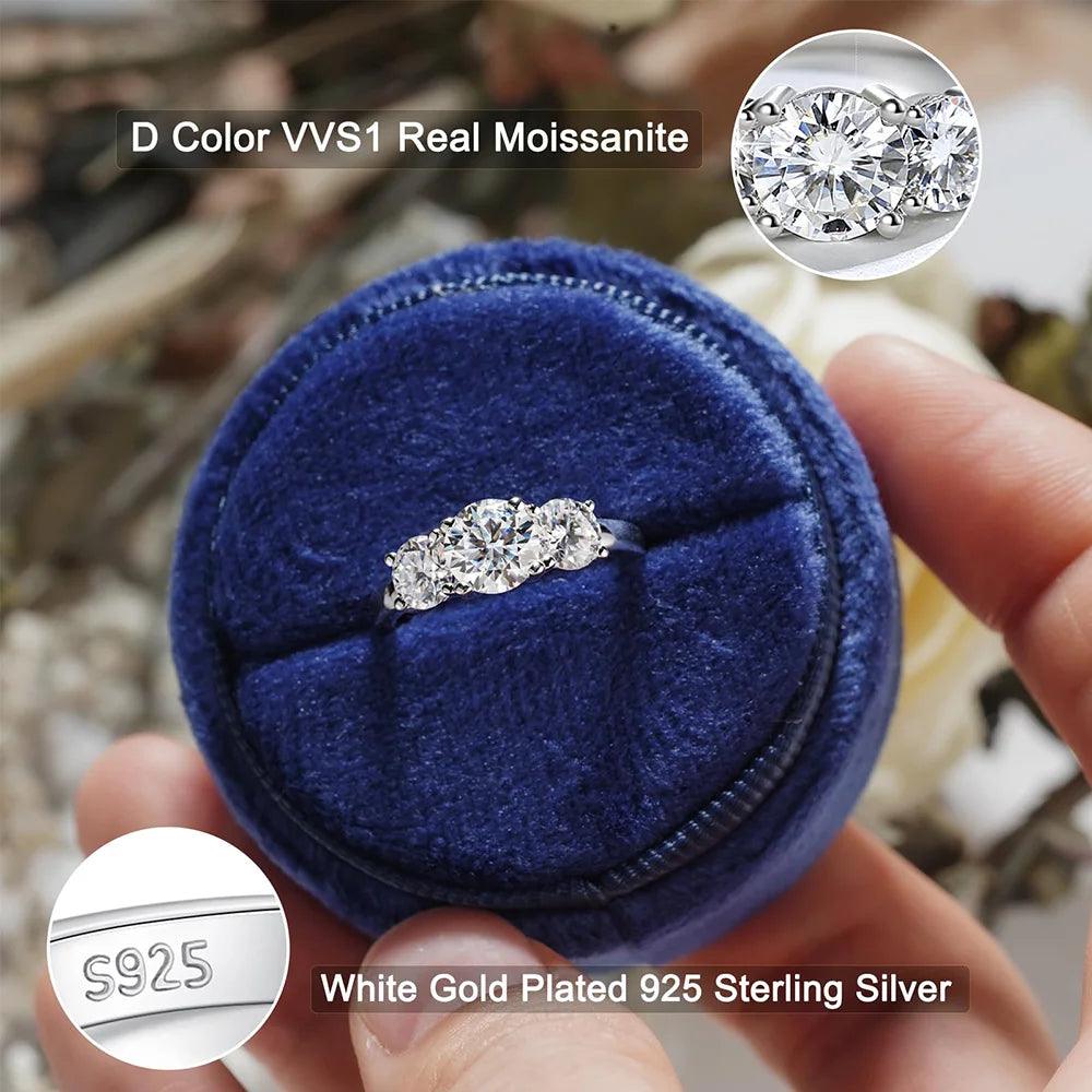 Amazing 3 Stones Sparkling 2/4 Carat Moissanite Diamonds Rings Silver Wedding Engagement Jewellery With Certificate