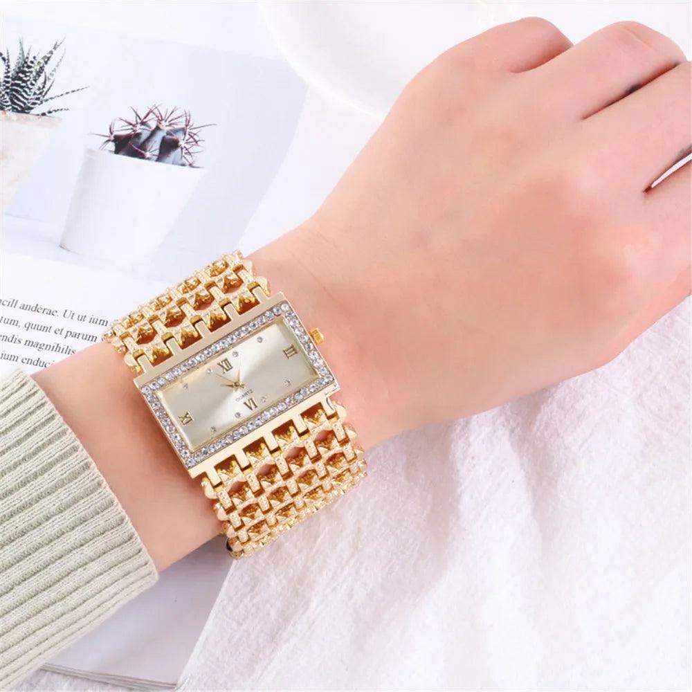 Fashion Light luxury Square CZ Diamonds Quartz Watches - Gold Colour Stainless Steel Bracelet - The Jewellery Supermarket