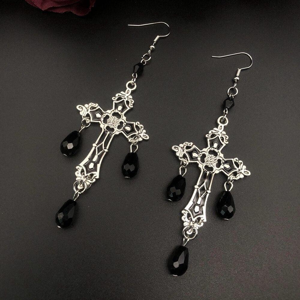 Gorgeous Fashion Black Cross Garnet and Crystal Chandelier Earrings - Large Gothic Statement Christian Jewellery - The Jewellery Supermarket