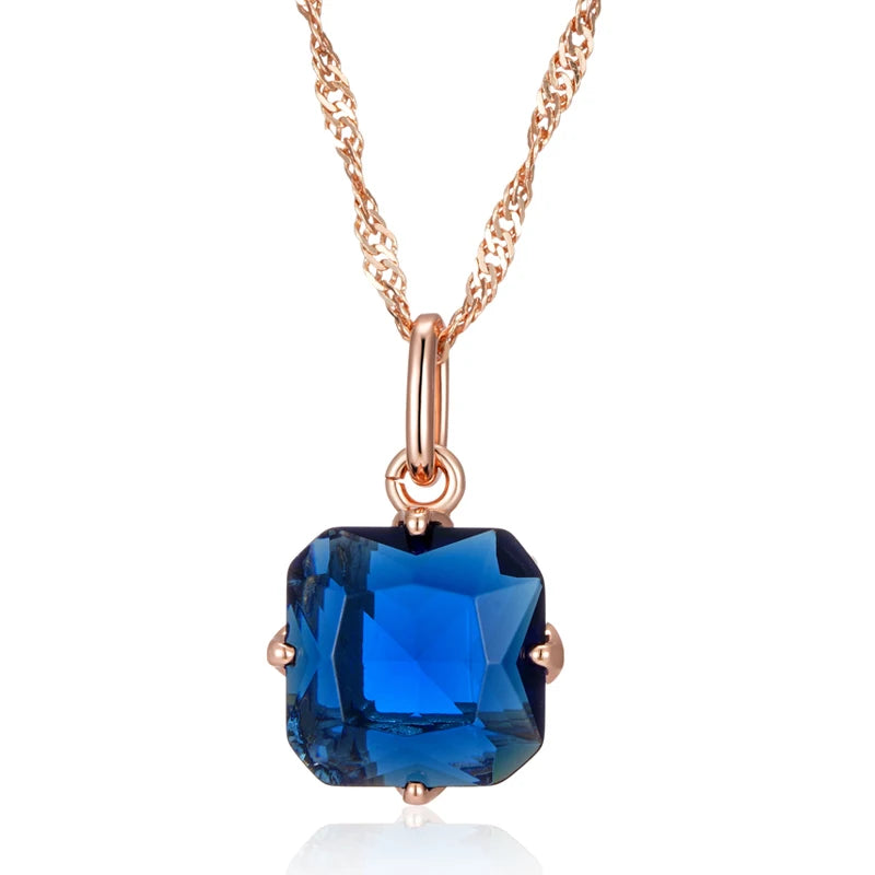 Vintage Design Classic Square Rolled 14K Rose Gold AAA Blue Zircon Pendant Necklace - Daily Fashion Jewellery