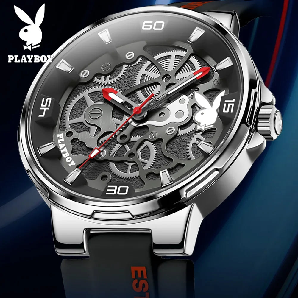 PLAYBOY Luxury Brand Casual Waterproof Quartz Silicone Strap Sports Elegant High-end Wrist Watch for Men