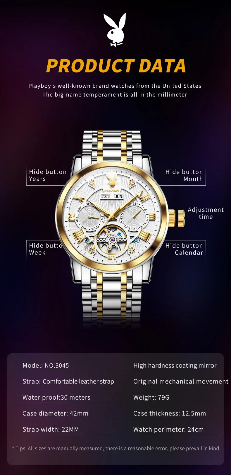 PLAYBOY Luxury Top Brand Fashion Automatic Mechanical Stainless Steel Waterproof Business Men's Watches for Men