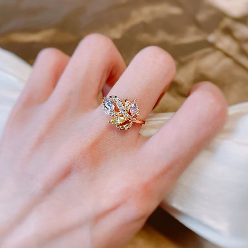 New Season Romantic Rolled 14K Rose Gold Colourful AAA Zircon Crystals Flower Rings -  Luxury Fine Jewellery