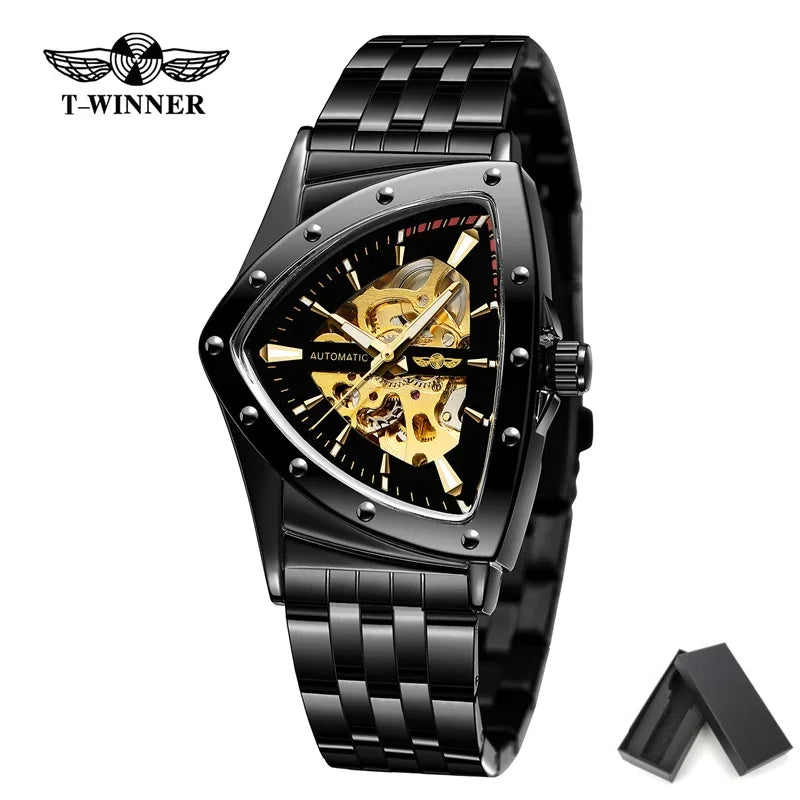Golden Stainless Steel Waterproof Sport Transparent Triangle Skeleton Mechanical New Mens Wristwatches