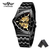 Golden Stainless Steel Waterproof Sport Transparent Triangle Skeleton Mechanical New Mens Wristwatches