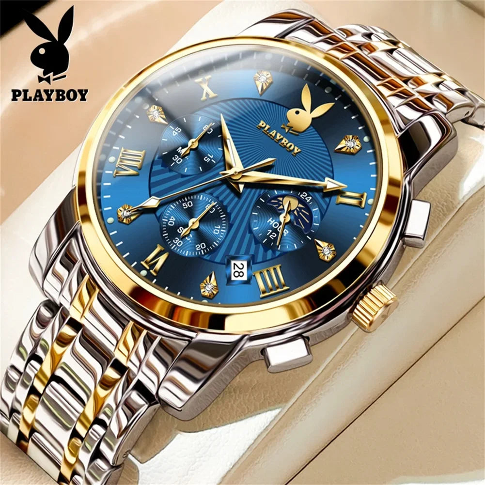 PLAYBOY Fashion Luxury Multifunction Original Waterproof Stainless Steel High Quality Quartz Watch for Men