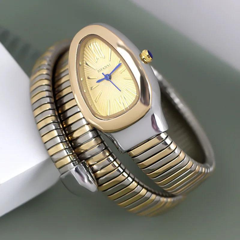 Latest Fashion Snake Design Luxury Gold Colour Stainless Steel Quartz Watches for Women Waterproof Elegant Jewellery