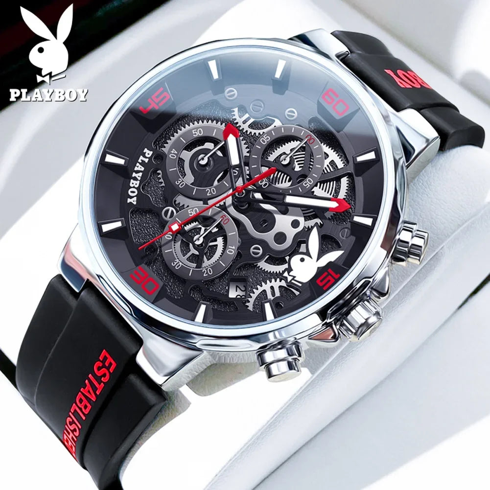 PLAYBOY Top Brand High Quality Luxury Men Watch Silicone Strap Waterproof Fashion Quartz Men's Watches