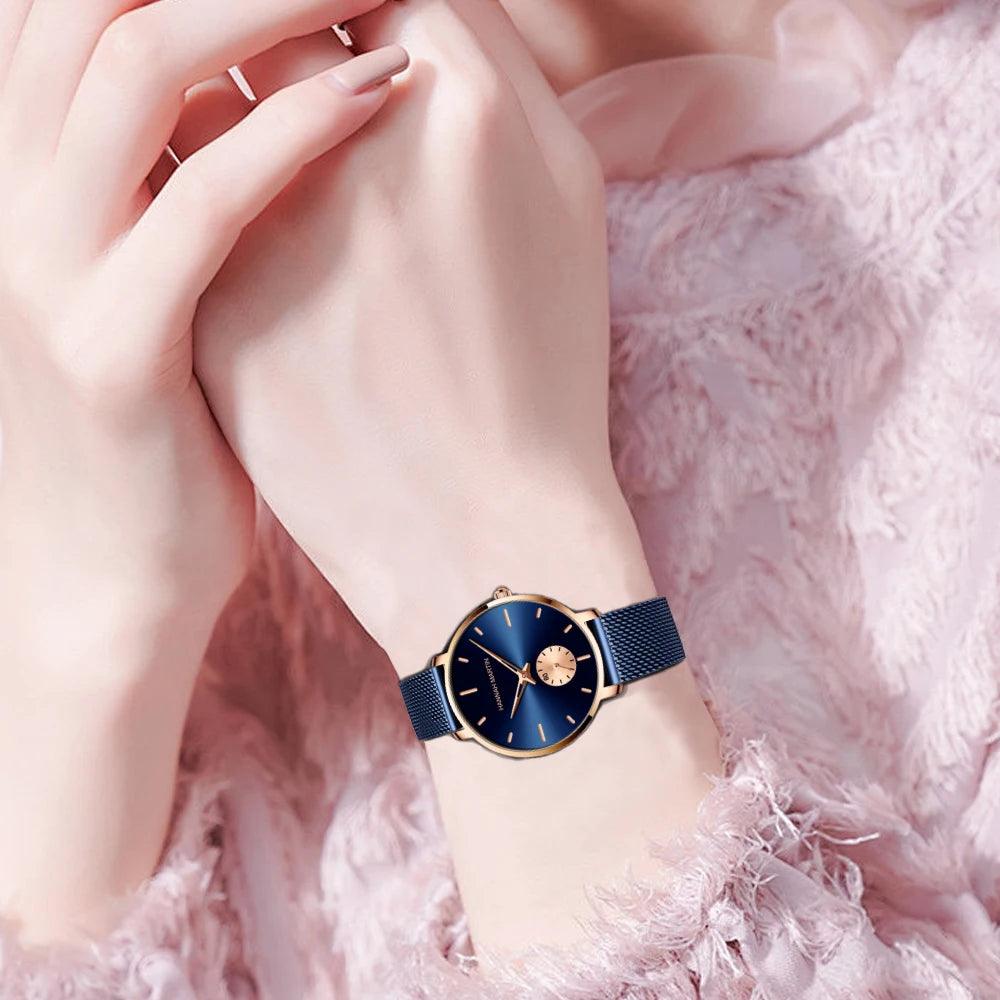 Elegant Simple Fashion Rose Gold Colour Case Ladie's Watch Blue Stainless Steel Mesh Belt Quartz Waterproof Watches