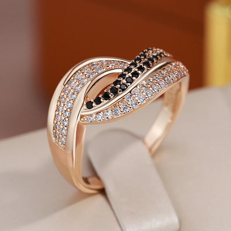 Luxury 14K Filled Rose Gold Genuine Black White AAA Zircon Diamonds Jewellery Ring - Ethnic Fine Jewellery
