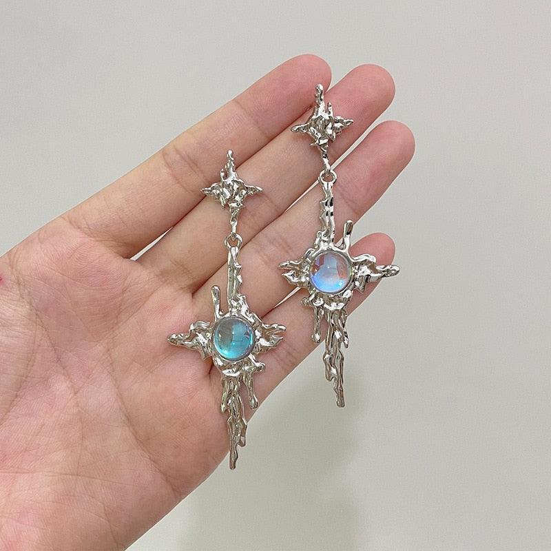 Irregular Liquid Metal Cross Moonstone Dangle Earrings - Trend Metal Cross Moonstone Drops Christian Earrings - The Jewellery Supermarket