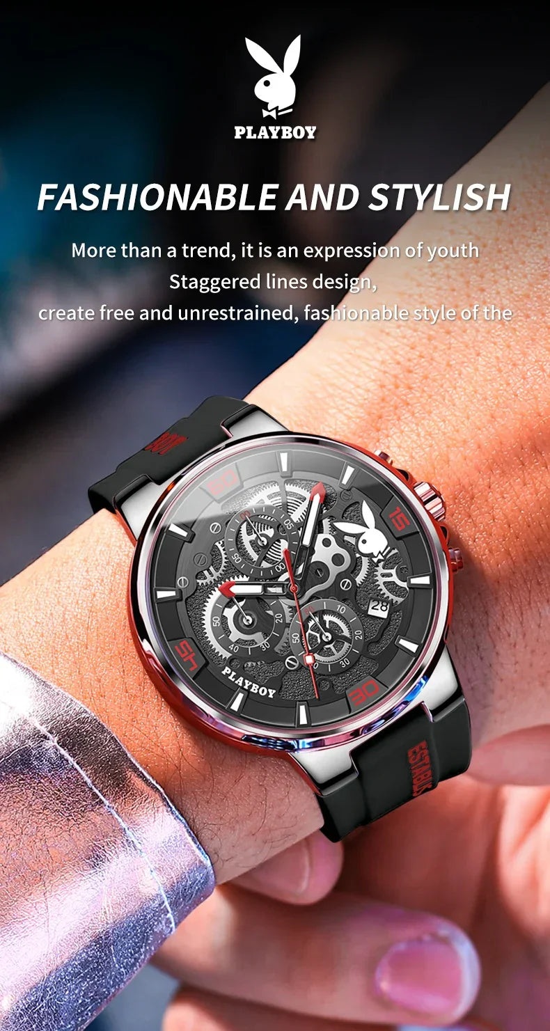 PLAYBOY Casual Quartz Luxury Sports Luminous Waterproof Fashion High-end Silicone Strap Men's Wristwatch