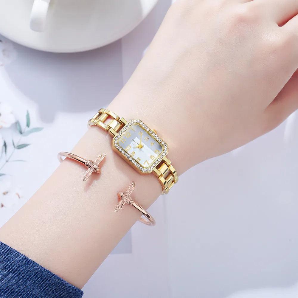 Luxury New Square Full CZ Diamonds Digital Gold Plated Stainless Steel Bracelet Women's Dress Quartz Watches - The Jewellery Supermarket