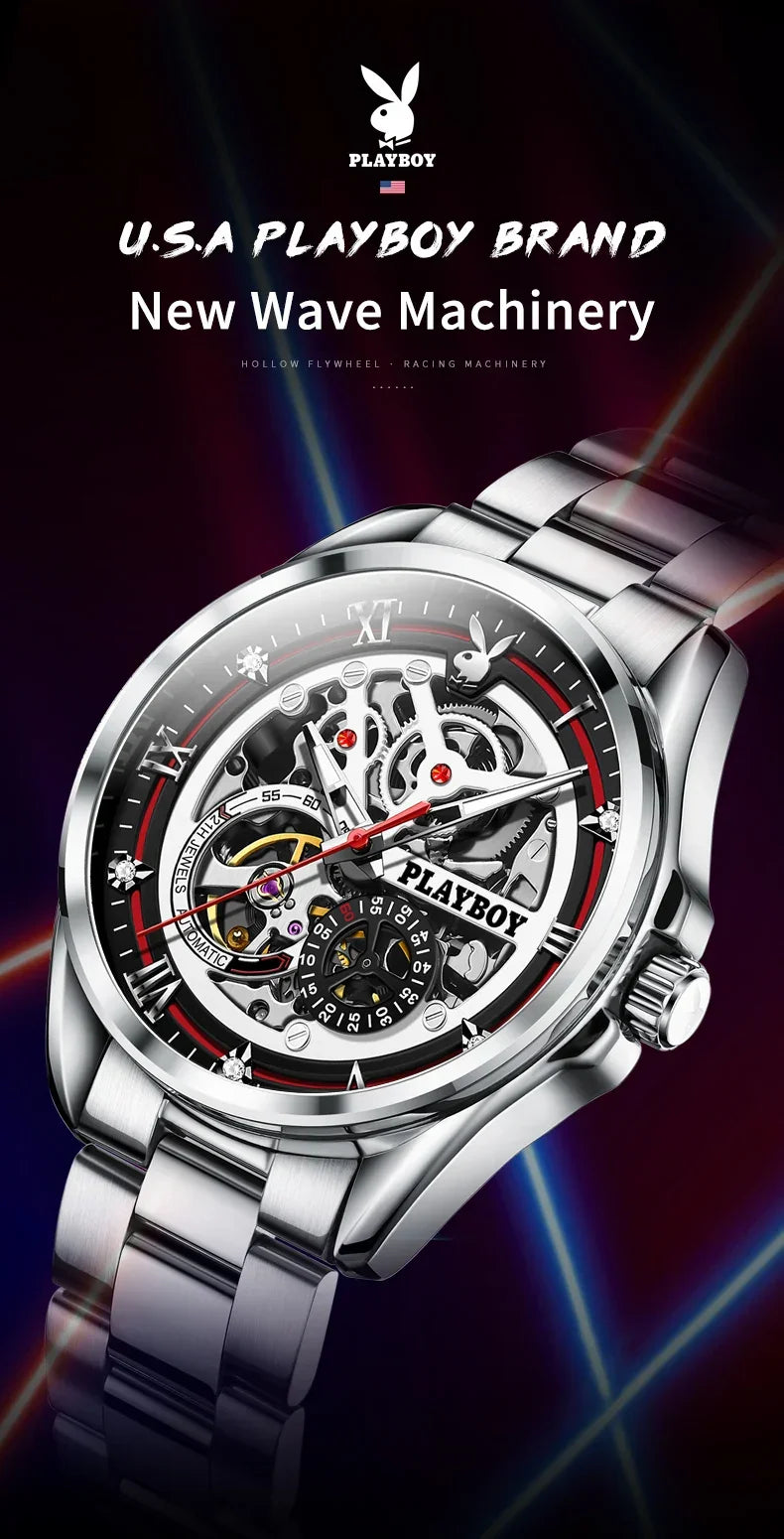 PLAYBOY Brand Skeleton Multifunction Automatic Mechanical Original Stainless Steel Fashion Luxury Watches for Men