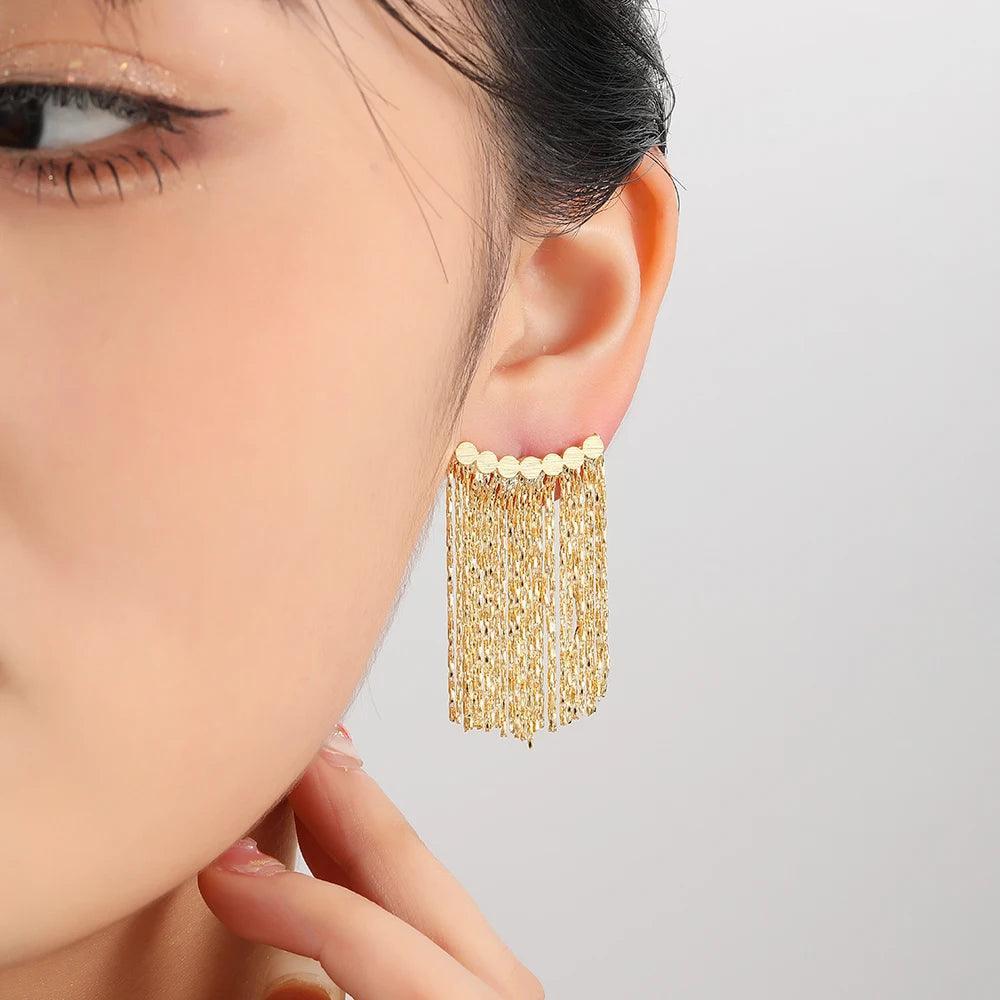 Fashion Statement Long Gold Plated Bling Tassel Earrings For Women and Girls - Stainless Steel Daily Fashion Jewellery - The Jewellery Supermarket