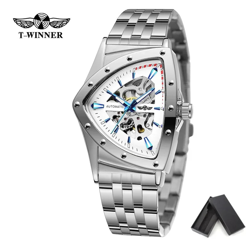 Golden Stainless Steel Waterproof Sport Transparent Triangle Skeleton Mechanical New Mens Wristwatches