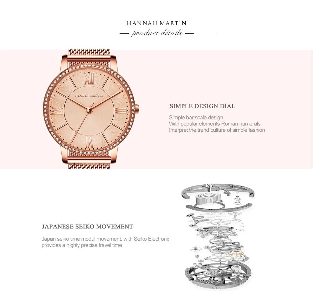 New Elegant Luxury Zircon Diamonds Quartz Movement 34mm Stainless Steel Mesh Leather Strap Casual Fashion Wristwatch