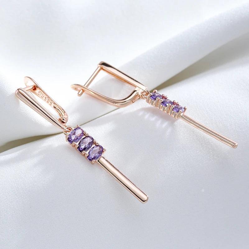 Luxury 14K Filled Rose Gold Oval Purple AAA Zircon Crystals Long Pendant Earrings - Trendy Daily Jewellery
