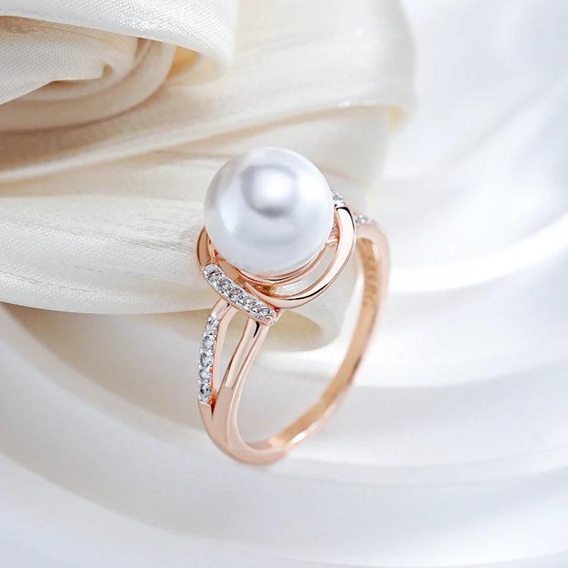 Latest Fashion Geometry 14K Filled Rose Gold and Silver AAA Zircon Pearl Ring for Women Boho Ethnic Jewellery