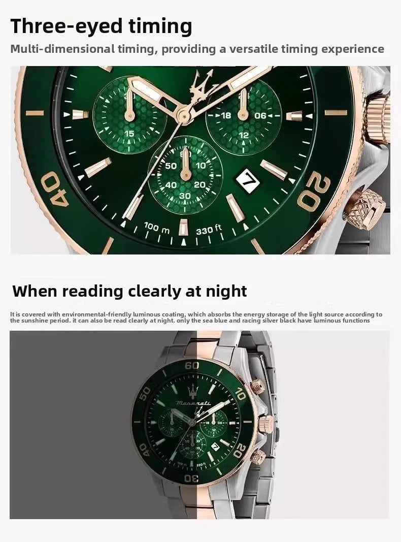 Maserati Original Green Water Ghost Trend Sports Watch Europe and America Style Authentic Quartz Wristwatch
