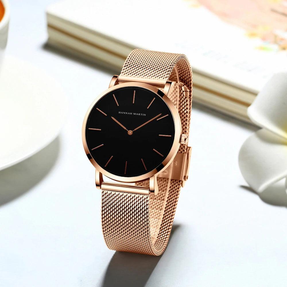 New Simple Elegant Rose Gold Tone Stainless Steel Women Bracelet Watch - Quartz Movement Steel Mesh Watches