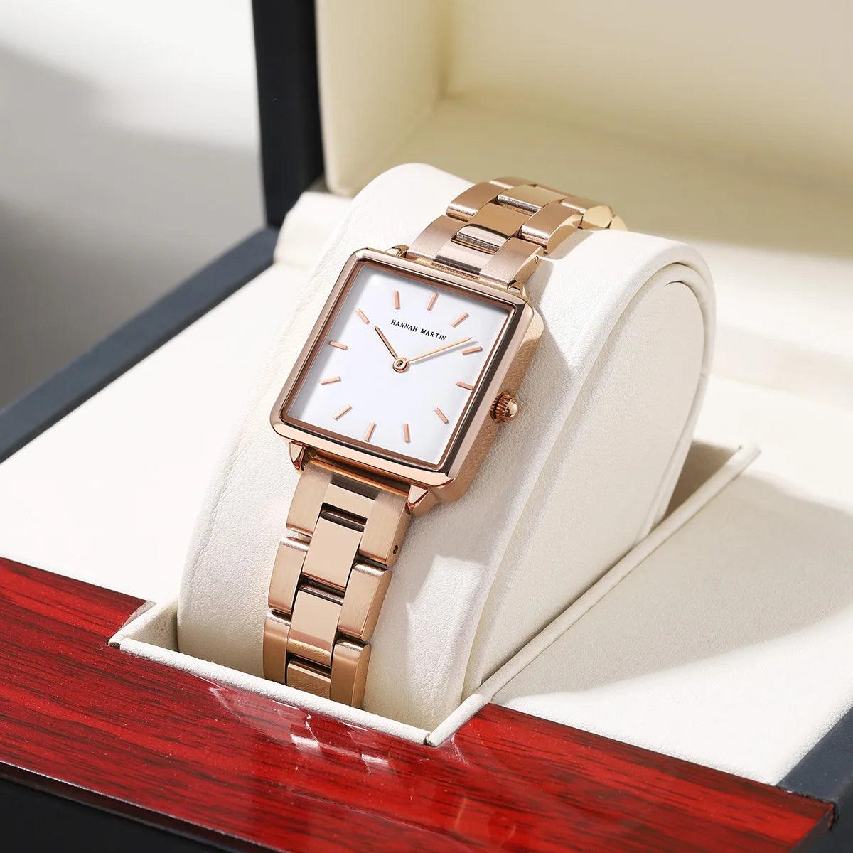 New Arrival Top Brand Elegant Solid Stainless Steel Square Dial Quartz Rose Gold Colour Ladies Watches for Women